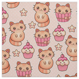 Tela Patrón kawaii de gatos y pasteles rosados