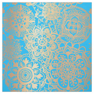 Tela Patrón Mandala azul claro y dorado