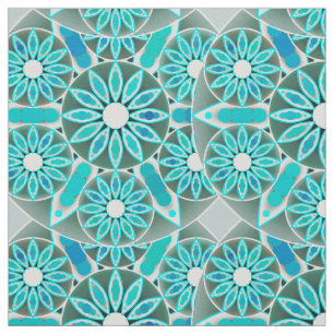 Tela Patrón Mandala, turquesa, gris plateado y blanco