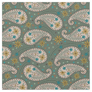 Tela Patrón paisley en verde azulado pavo real amarill
