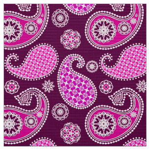 Tela Patrón paisley, fucsia rosa, púrpura y blanca