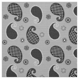 Tela Patrón paisley, gris plateado, negro y blanco
