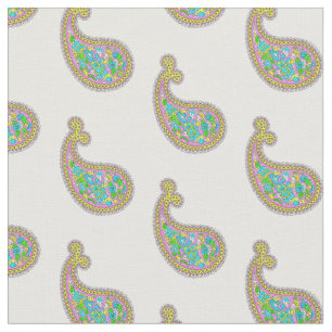 Tela Patrón Paisley Mehndi Aluminio Verde Rosa Amarillo