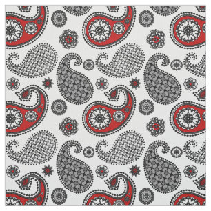 Tela Patrón paisley, negro, blanco y rojo