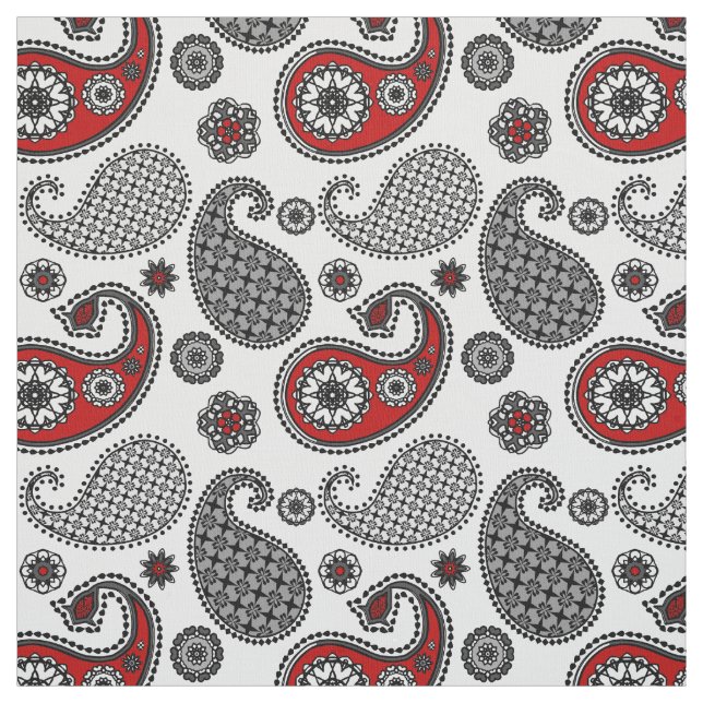 Tela Patrón paisley, negro, blanco y rojo (Retal)