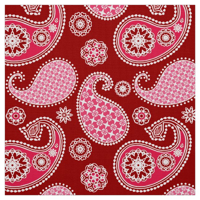 Tela Patrón paisley, rojo oscuro, rosa y blanco (Retal)