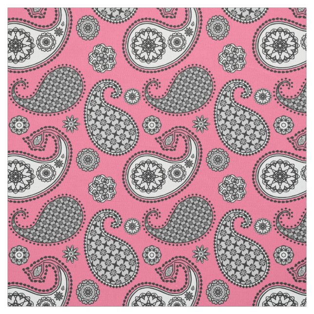 Tela Patrón paisley, tonos grises sobre rosa (Retal)