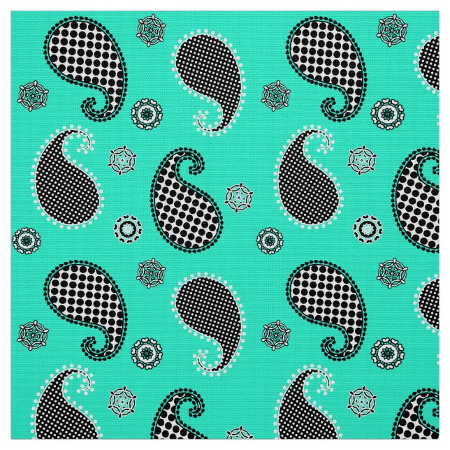 Tela Patrón paisley, turquesa, negro y blanco (Retal)