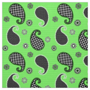 Tela Patrón paisley, verde lima, negro y blanco
