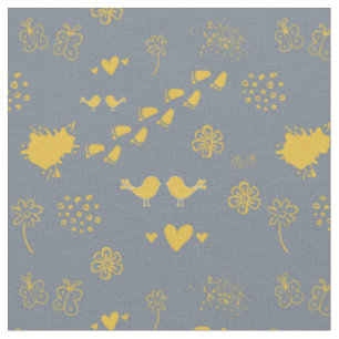 Tela Patrón retro amarillo y gris de las aves, puntos,