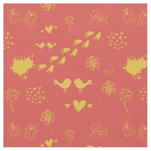 Tela Patrón retro amarillo y rojo de aves, puntos, pie