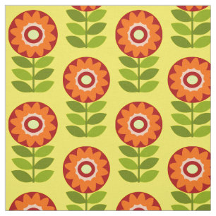 Tela Patrón Retro de Flores Naranja, Verde y Amarillo