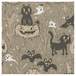 Tela Patrón retro de Halloween en estilo de dibujos ani