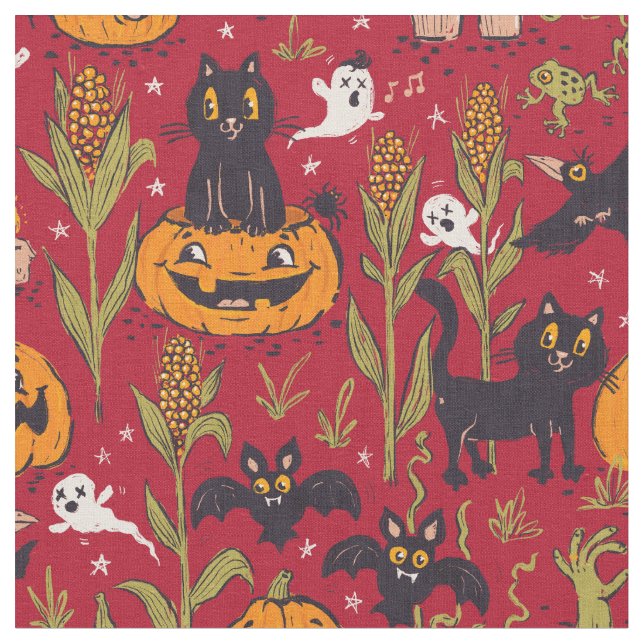 Tela Patrón retro de Halloween en estilo de dibujos ani (De cerca)
