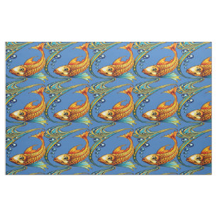 Tela Patrón Retro de Peces Koi Art Nouveau