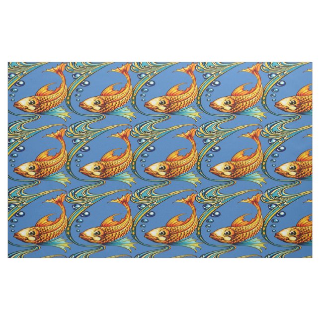Tela Patrón Retro de Peces Koi Art Nouveau ("Cuarto gordo" (fat quarter))