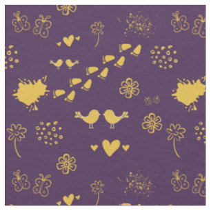 Tela Patrón retro morado y amarillo de aves, puntos,