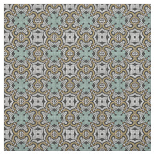 Tela Patrón Retro Nouveau Deco Marrón Ocra Gris Verde