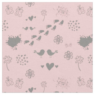 Tela Patrón retro rosa y gris de las aves, puntos, para