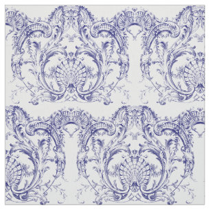 Tela Patrón rococo barroco azul y blanco