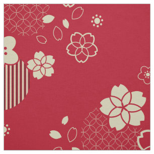 Tela Patrón rojo asiático con flores primaverales
