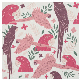 Tela Patrón tropical ára loro rojo rosado sobre blanco