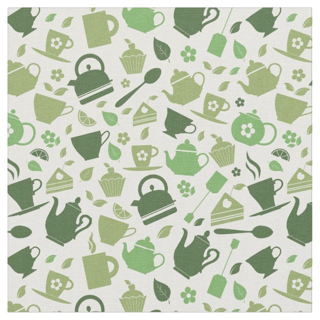 Tela Patrón verde con temática de té (De cerca)