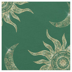 Tela Patrón verde de oro Moon Sun Mandala