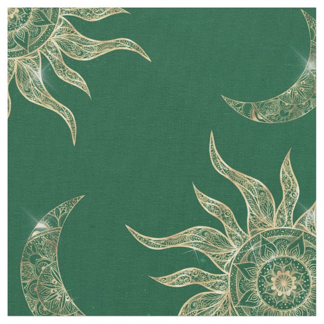 Tela Patrón verde de oro Moon Sun Mandala (De cerca)