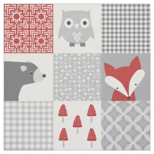 Tela Patrulla de animales de bosque rojo y gris curado