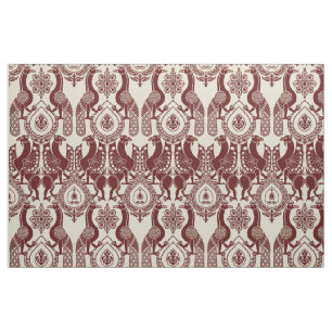 Tela Peacocks y dragones medievales, rojo oscuro en mar