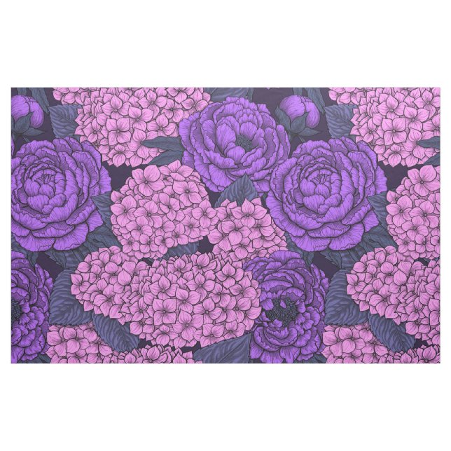 Tela Peonía e hidrangea en rosa y violeta ("Cuarto gordo" (fat quarter))