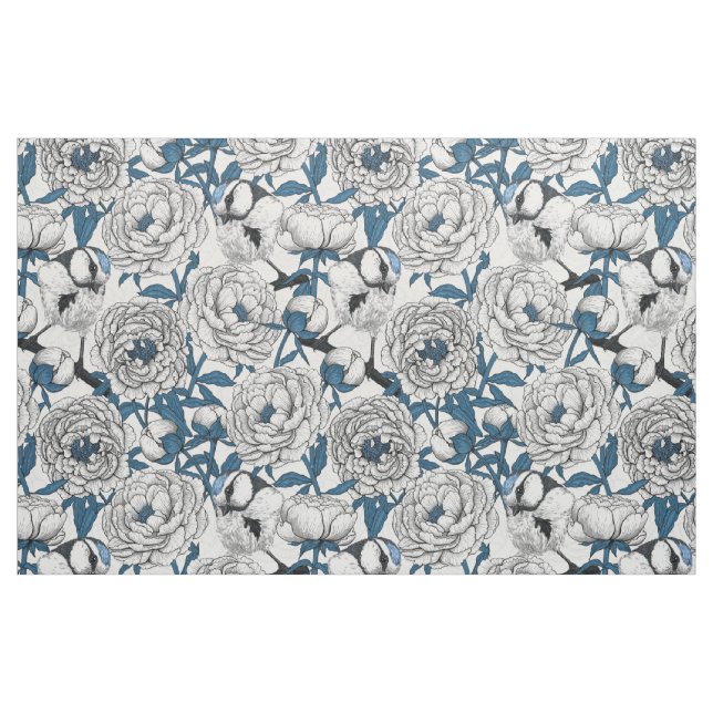 Tela peonías blancas y aves de teta azul ("Cuarto gordo" (fat quarter))