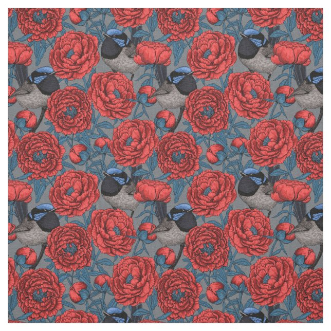 Tela Peonies y wrens (Retal)