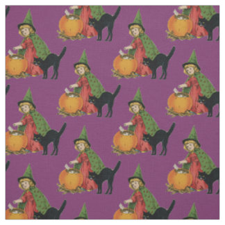 Tela Pequeña bruja su gato negro y calabaza - púrpura