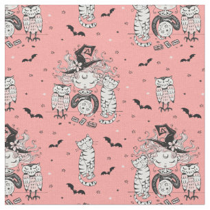 Tela Pequeños Chicas de brujas con gatos y búhos