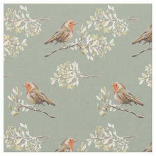 Tela Pequeños Robin y hojas europeos de acuarela