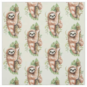 Tela Perezoso Cute Acuarela y Hojas Tropicales