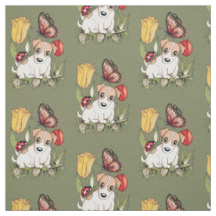 Tela Perrito lindo con la mariposa, la mariquita y los