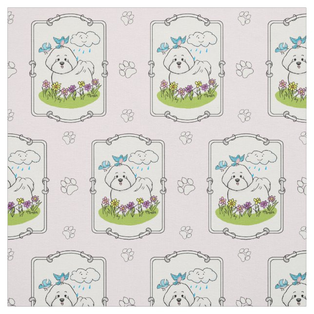 Tela Perro frito de Bichon primavera con flores - lindo (Retal)