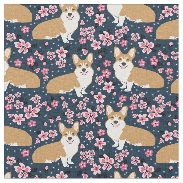 Tela perros corgi flores de cerezo marina (De cerca)
