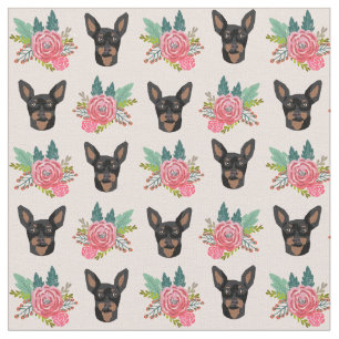 Tela Perros de los inscher en miniatura floral rosa