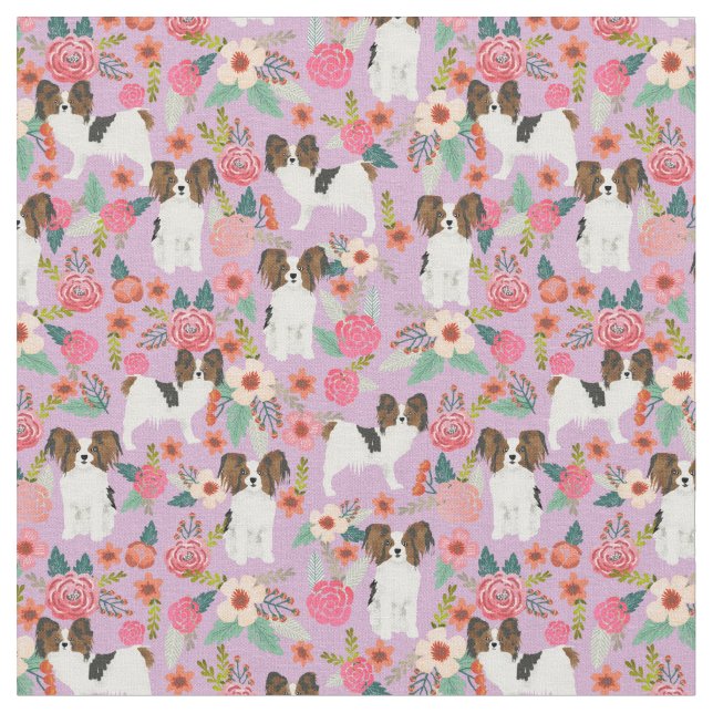 Tela Perros de papilón vintado morado floral (De cerca)