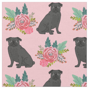 Tela Perros de Pug Negro color rosa floral