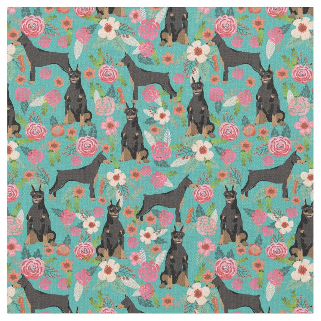Tela Perros Doberman florines turquesa (De cerca)