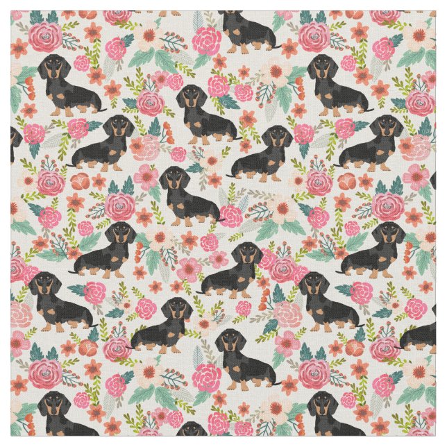 Tela Perros negros y Tan Dachshund florines crema vinta (De cerca)