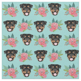 Tela Perros Rottweiler menta y flores rosas