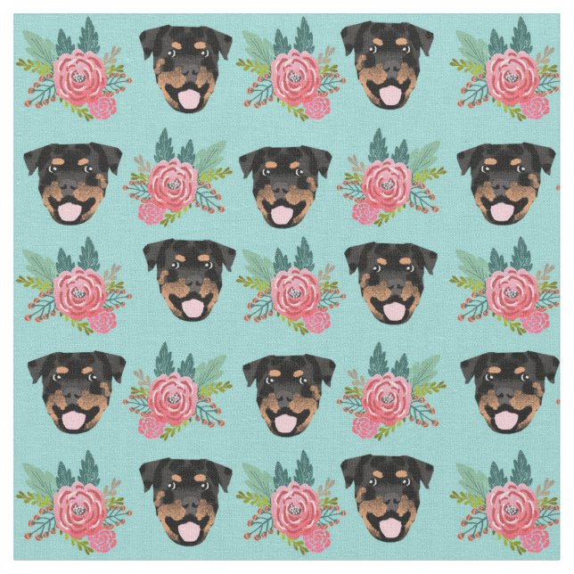 Tela Perros Rottweiler menta y flores rosas (De cerca)