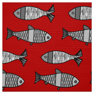 Tela Pescado retro moderno, rojo profundo y gris / gris