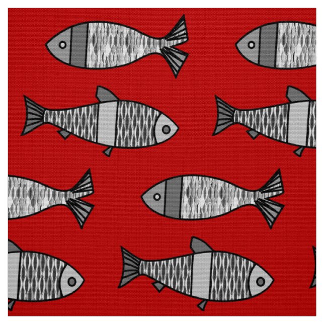 Tela Pescado retro moderno, rojo profundo y gris / gris (Retal)